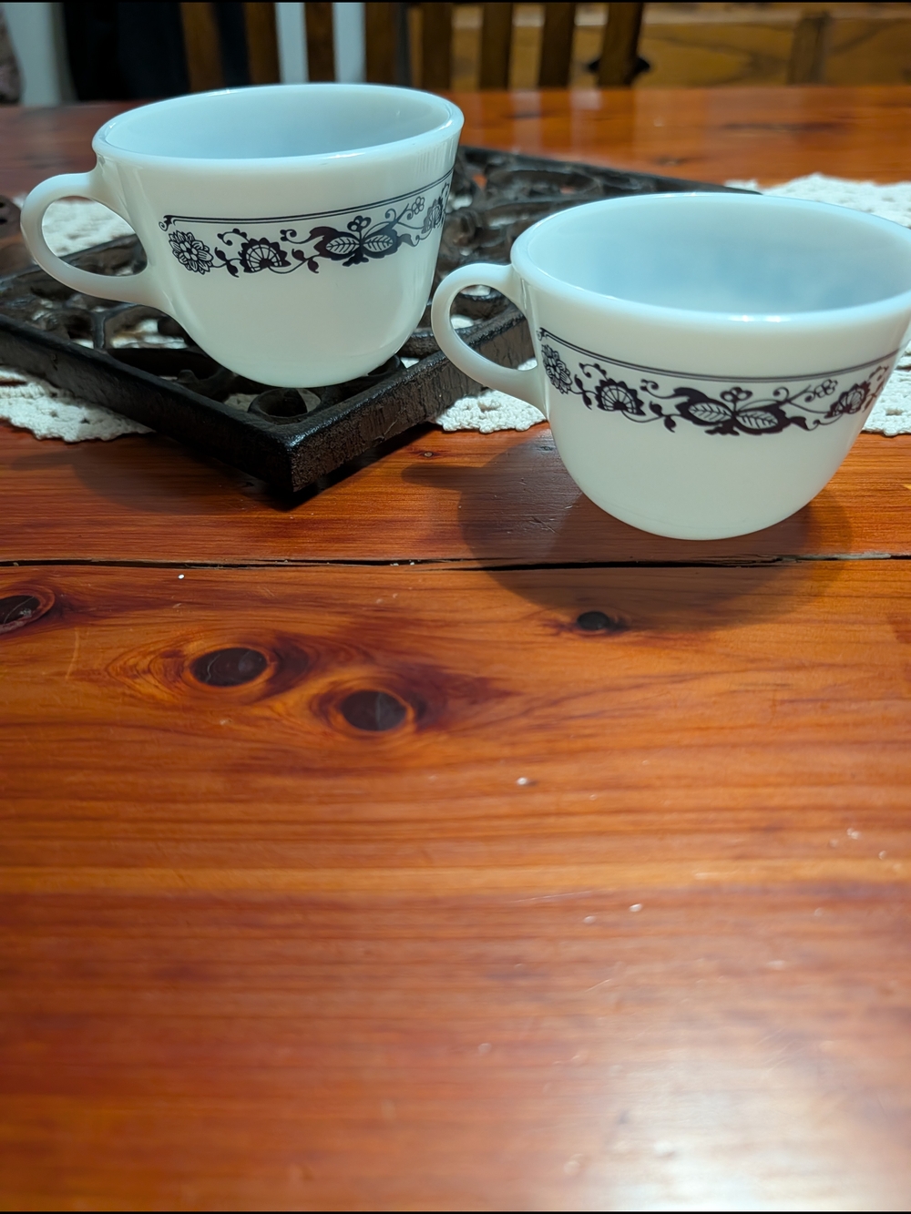 Classic White Ceramic Tea Cups with Navy Floral Border - Set of 2 Pyrex
